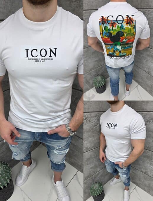 Tricou barbati cu broderie ICON si imprimeu pe spate-alb cod 1973-1