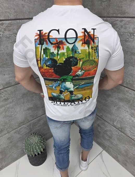 Tricou barbati cu broderie ICON si imprimeu pe spate-alb cod 1973-1