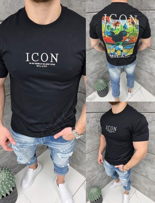 Tricou barbati cu broderie ICON si imprimeu pe spate-negru cod 1973
