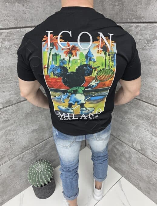 Tricou barbati cu broderie ICON si imprimeu pe spate-negru cod 1973
