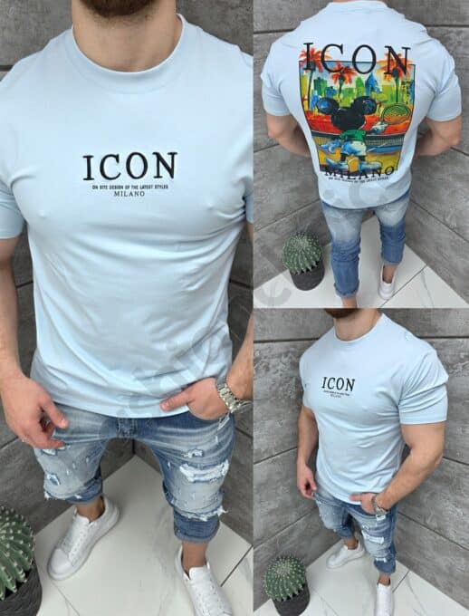 Tricou barbati cu broderie ICON si imprimeu pe spate-albastru deschis cod 1973-2