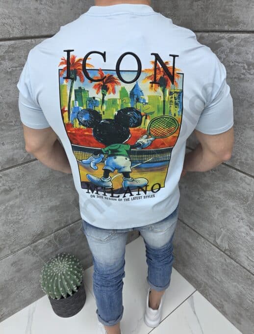 Tricou barbati cu broderie ICON si imprimeu pe spate-albastru deschis cod 1973-2