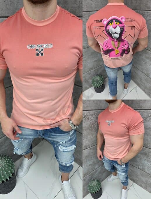 Tricou barbati cu aplicatie PINKO OFF-WORLD si imprimeu pe spate-somon cod 429-1