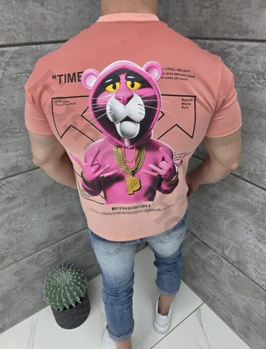Tricou barbati cu aplicatie PINKO OFF-WORLD si imprimeu pe spate-somon cod 429-1