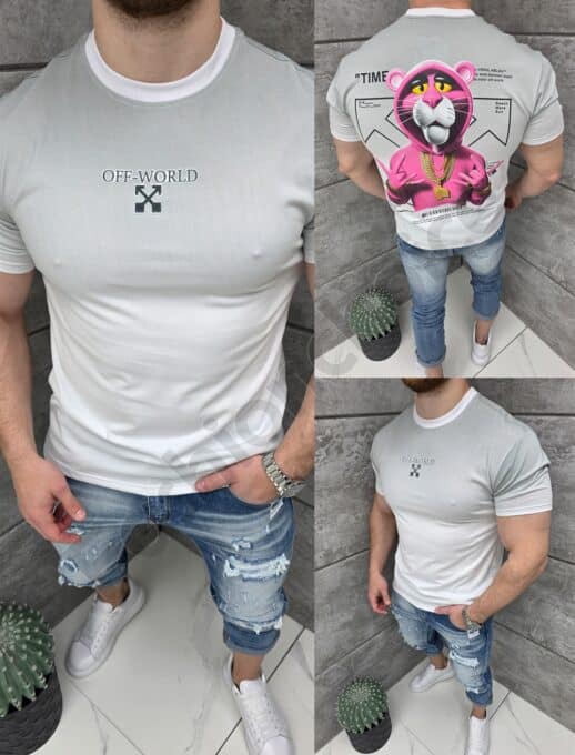 Tricou barbati cu aplicatie PINKO OFF-WORLD si imprimeu pe spate-alb cod 429-2