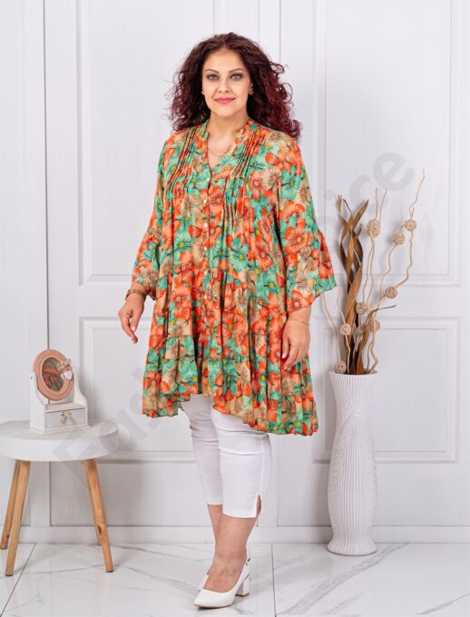 Tunica maxi din matase cu volane si imprimeu floral-menta/coral cod 10211