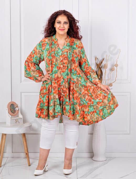 Tunica maxi din matase cu volane si imprimeu floral-menta/coral cod 10211