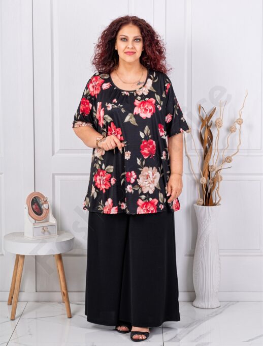 Set maxi pentru vara din doua piese tunica+fusta/pantalon-bujori rosii cod 26112-2