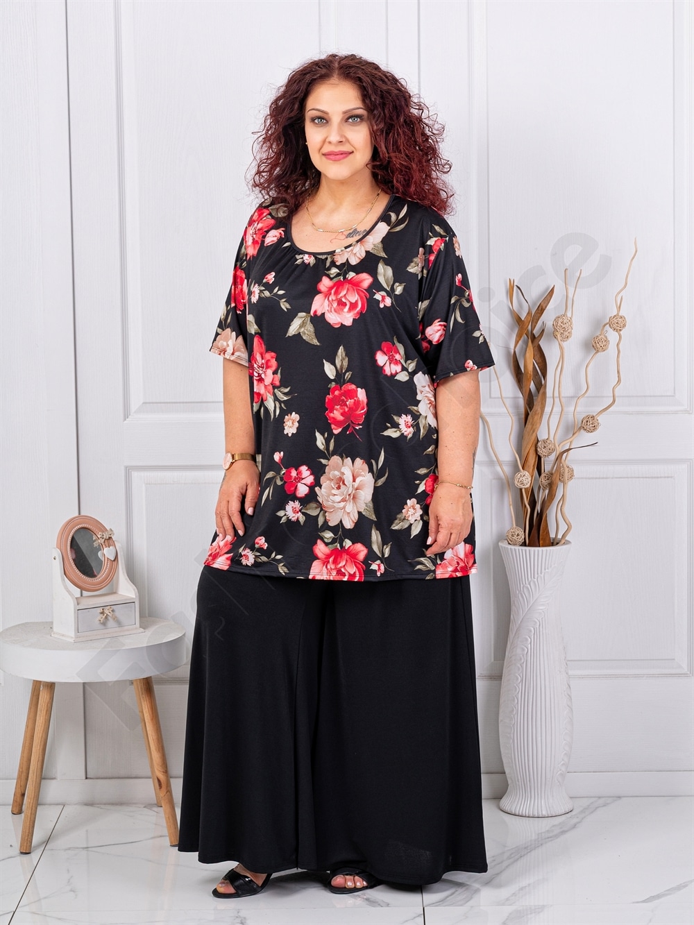 Set maxi pentru vara din doua piese tunica+fusta/pantalon-bujori rosii cod 26112-2