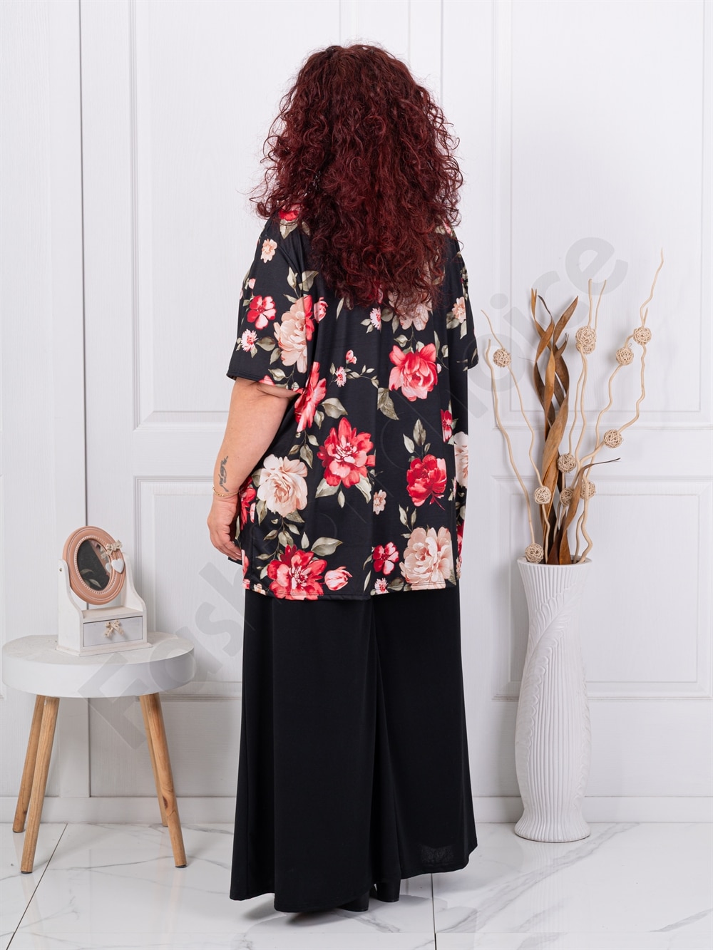 Set maxi pentru vara din doua piese tunica+fusta/pantalon-bujori rosii cod 26112-2