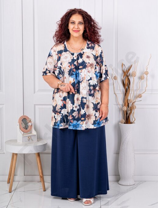 Set maxi pentru vara din doua piese tunica+fusta/pantalon-flori crem cod 26112-3