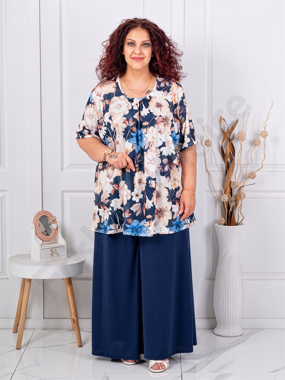 Set maxi pentru vara din doua piese tunica+fusta/pantalon-flori crem cod 26112-3