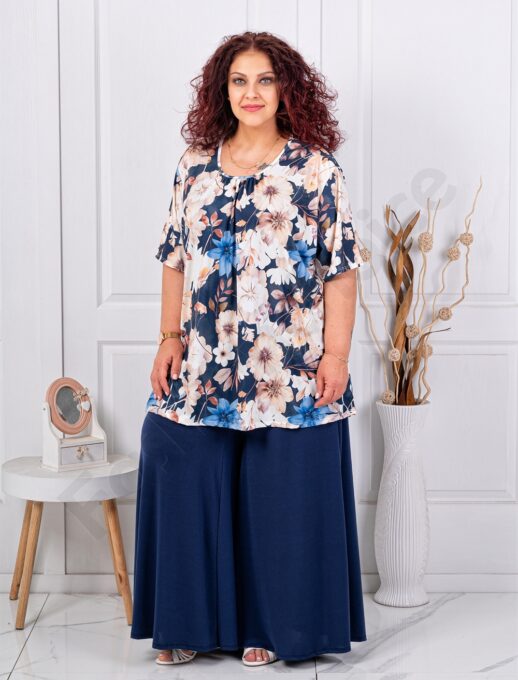 Set maxi pentru vara din doua piese tunica+fusta/pantalon-flori crem cod 26112-3