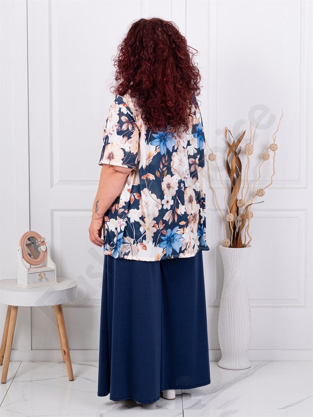 Set maxi pentru vara din doua piese tunica+fusta/pantalon-flori crem cod 26112-3