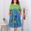 Rochie maxi din denim cu broderie margarete multicolor-verde cod 51608