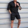 Compleu Italian din 100% in cu guler la baza gatului si pantalon scurt-negru cod 26005