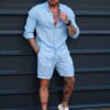 Compleu Italian din 100% in cu guler la baza gatului si pantalon scurt-albastru cod 26005-5