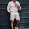 Compleu Italian din 100% in cu guler clasic si pantalon scurt-bej cod 26006-1
