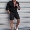 Compleu Italian din 100% in cu guler clasic si pantalon scurt-negru cod 26006
