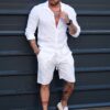 Compleu Italian din 100% in cu guler clasic si pantalon scurt-alb cod 26006-2