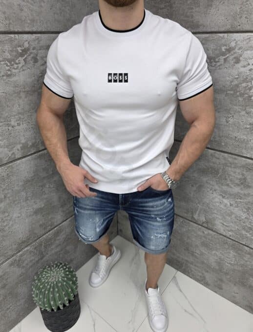 Tricou barbati cu elastan si imprimeu cauciucat BO$$-alb cod 2299-1