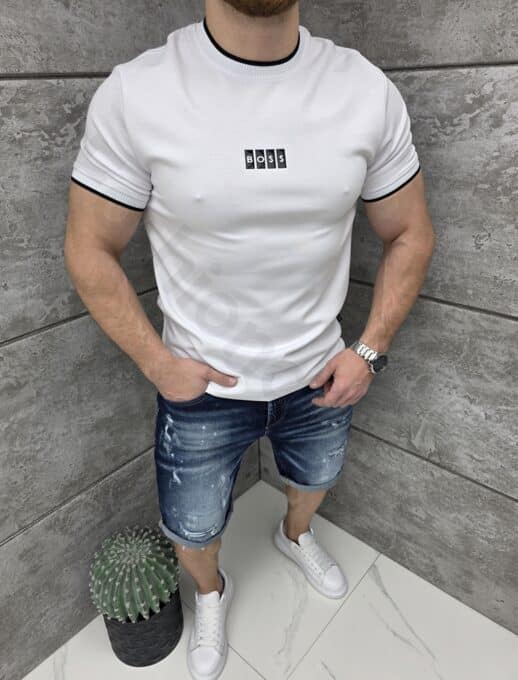 Tricou barbati cu elastan si imprimeu cauciucat BO$$-alb cod 2299-1
