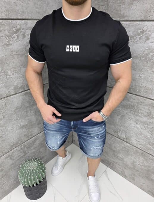 Tricou barbati cu elastan si imprimeu cauciucat BO$$-negru cod 2299