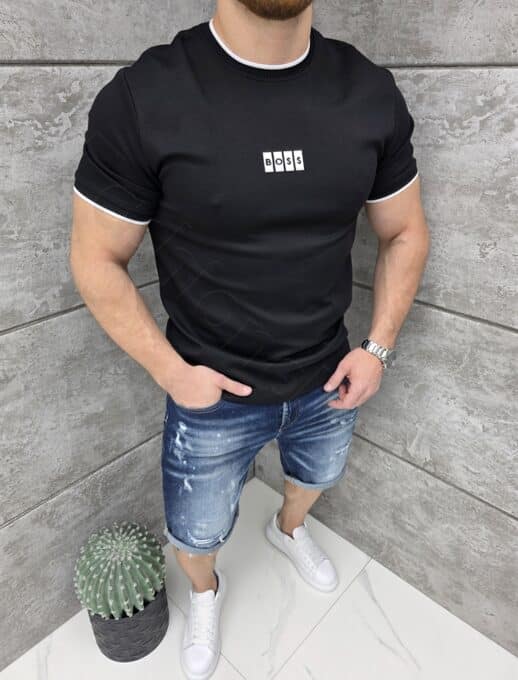 Tricou barbati cu elastan si imprimeu cauciucat BO$$-negru cod 2299