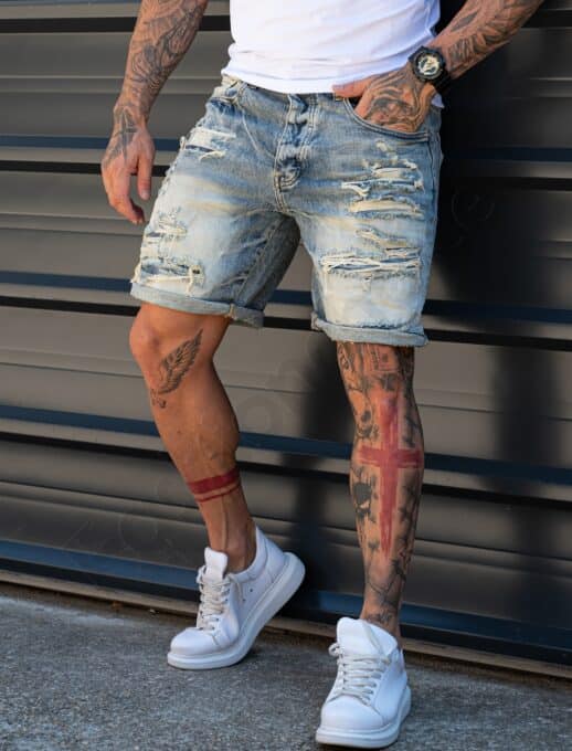 Blugi scurti pentru barbati cu efect Vintage si patch-uri din denim cod 5534