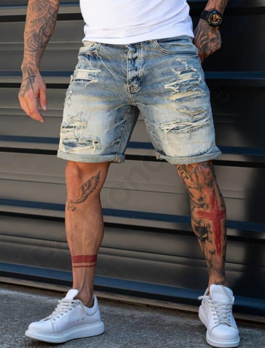 Blugi scurti pentru barbati cu efect Vintage si patch-uri din denim cod 5534