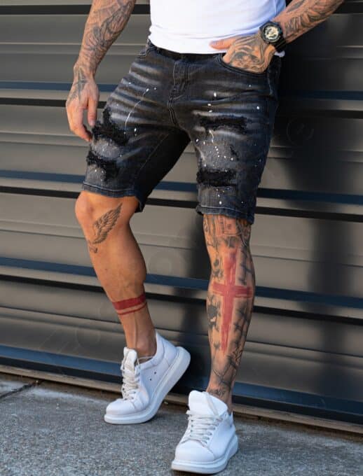 Blugi scurti pentru barbati Slim Fit cu patch-uri si stropi albi-negru cod 307