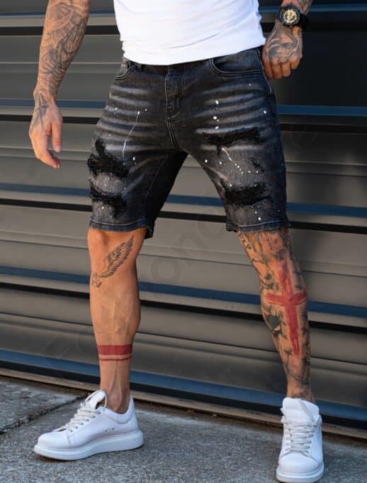 Blugi scurti pentru barbati Slim Fit cu patch-uri si stropi albi-negru cod 307