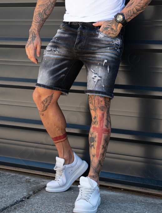Blugi scurti pentru barbati Slim Fit cu elastan si efect prespalat-negru 8423
