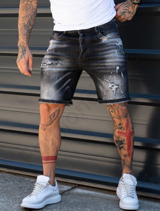 Blugi scurti pentru barbati Slim Fit cu elastan si efect prespalat-negru 8423