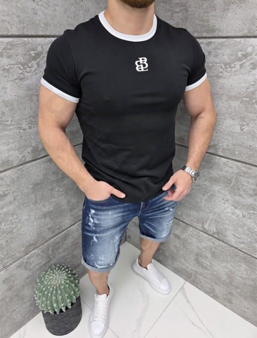 Tricou barbati cu elemente contrastante si broderie-negru cod 26248