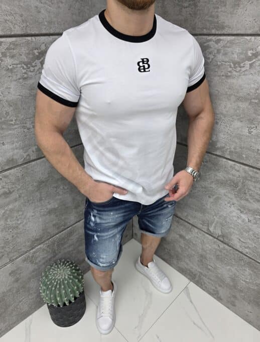 Tricou barbati cu elemente contrastante si broderie-alb cod 26248-1
