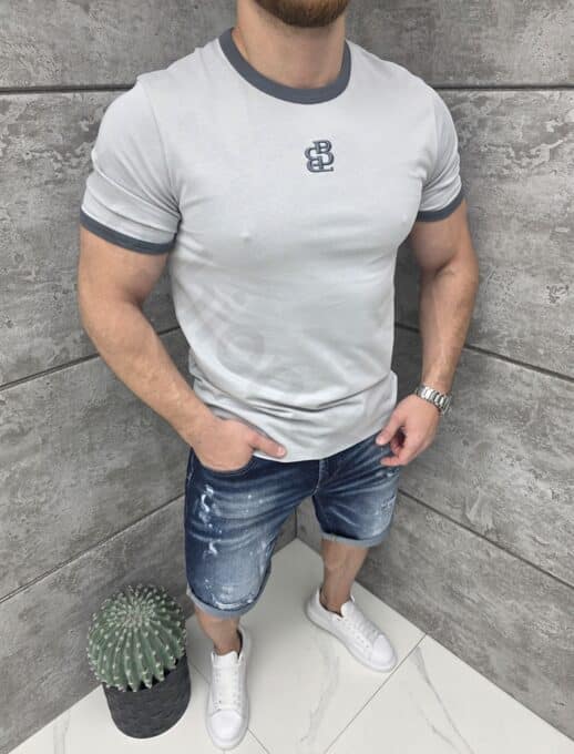 Tricou barbati cu elemente contrastante si broderie-gri cod 26248-3