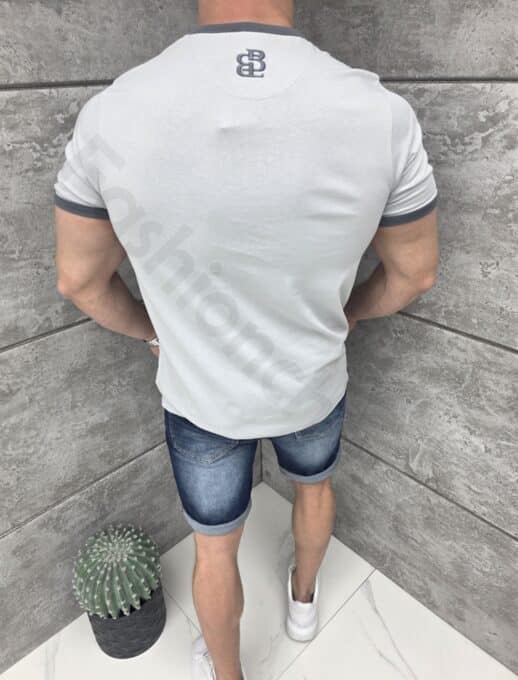 Tricou barbati cu elemente contrastante si broderie-gri cod 26248-3