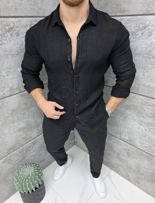 Compleu din 100% in cu maneca lunga si guler clasic-negru cod 26003