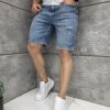 Blugi scurti pentru barbati BOYFRIEND FIT cu efect usor rupt-albastru cod 5161