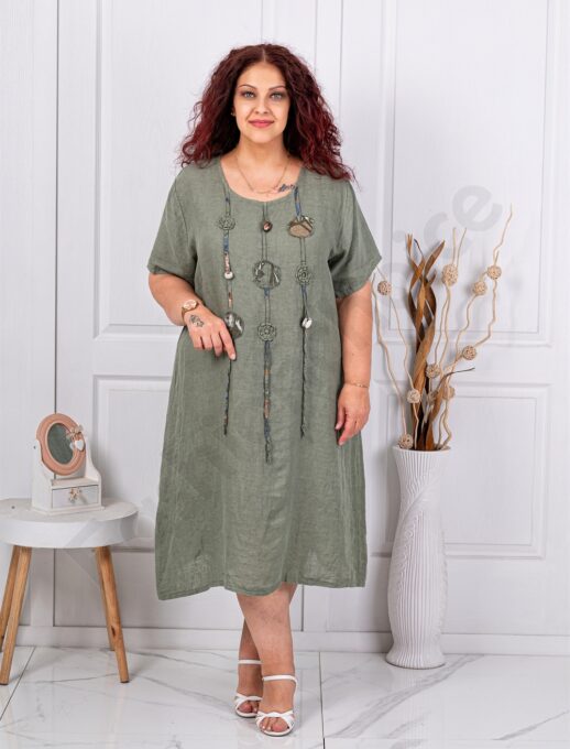 Rochie maxi pentru vara din 100% in cu aplicatie-kaki cod 10126-2
