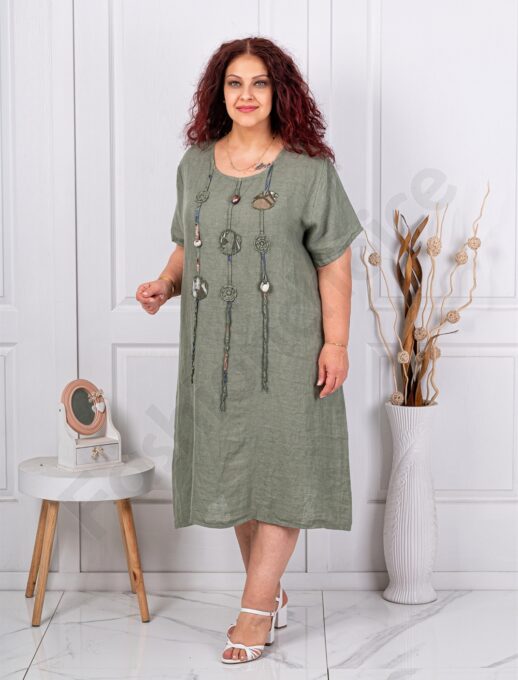 Rochie maxi pentru vara din 100% in cu aplicatie-kaki cod 10126-2