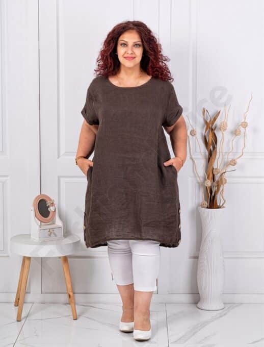 Tunica lunga maxi din 100% in cu nasturi decorativi din lemn-ciocolata cod 10015-2