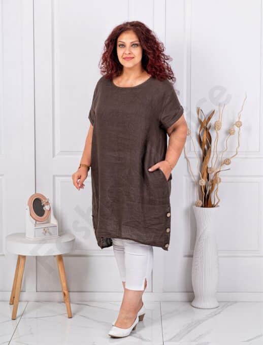 Tunica lunga maxi din 100% in cu nasturi decorativi din lemn-ciocolata cod 10015-2