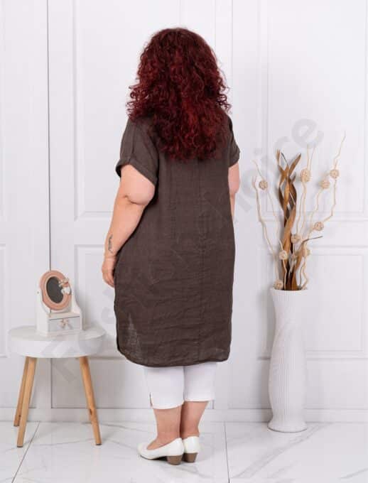 Tunica lunga maxi din 100% in cu nasturi decorativi din lemn-ciocolata cod 10015-2