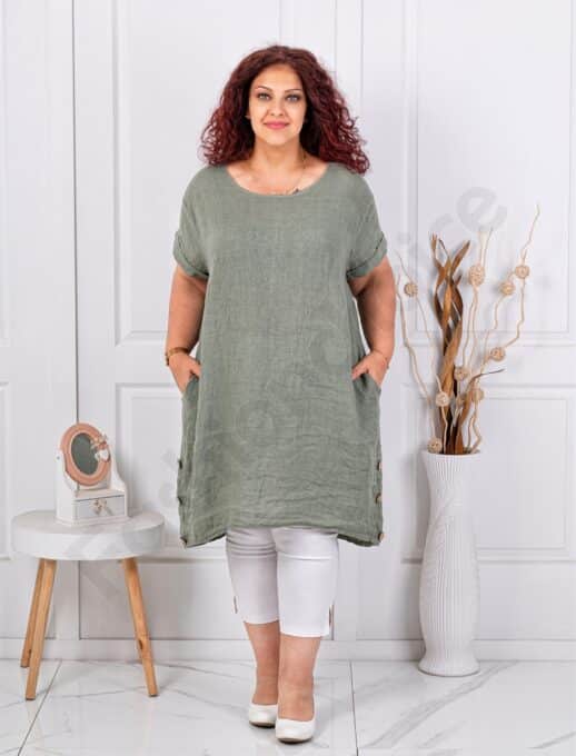 Tunica lunga maxi din 100% in cu nasturi decorativi din lemn-kaki cod 10015