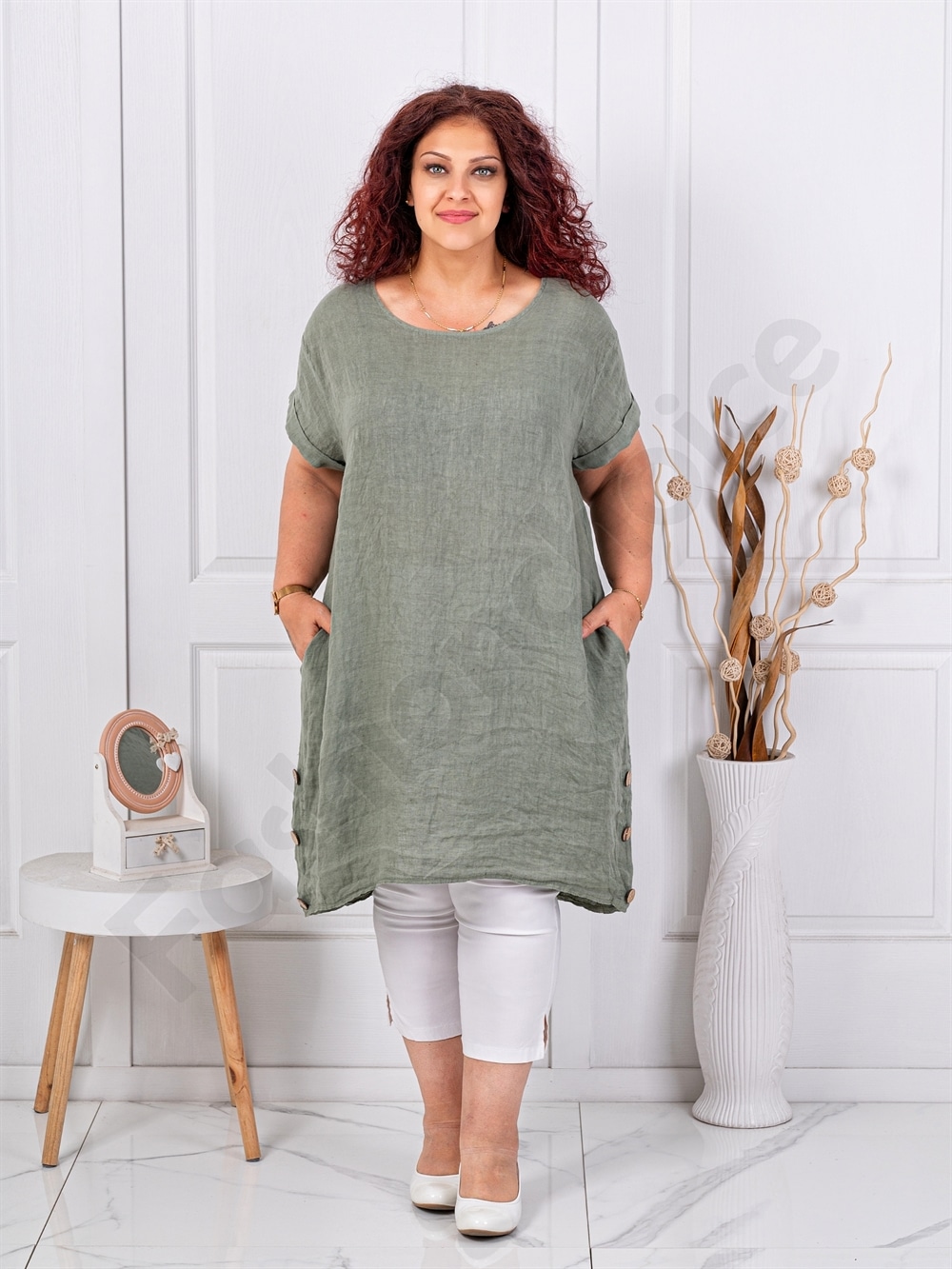 Tunica lunga maxi din 100% in cu nasturi decorativi din lemn-kaki cod 10015