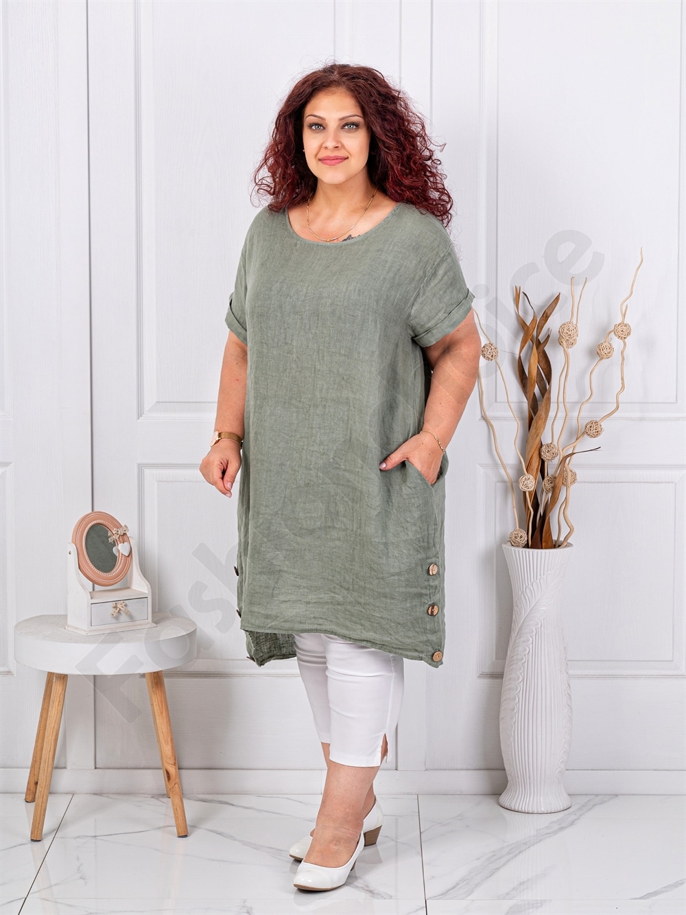 Tunica lunga maxi din 100% in cu nasturi decorativi din lemn-kaki cod 10015