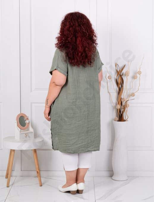 Tunica lunga maxi din 100% in cu nasturi decorativi din lemn-kaki cod 10015