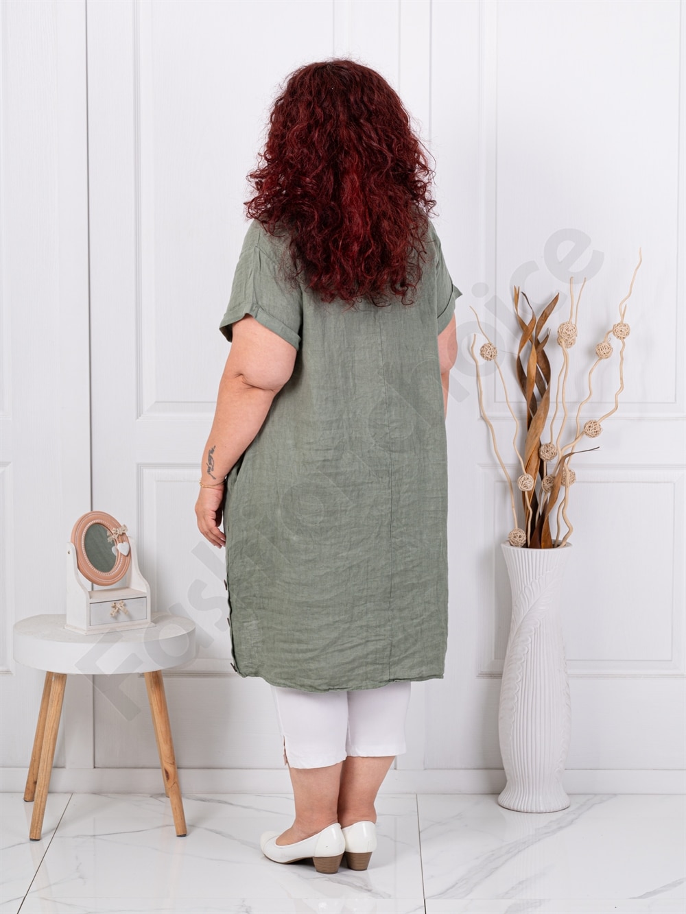 Tunica lunga maxi din 100% in cu nasturi decorativi din lemn-kaki cod 10015